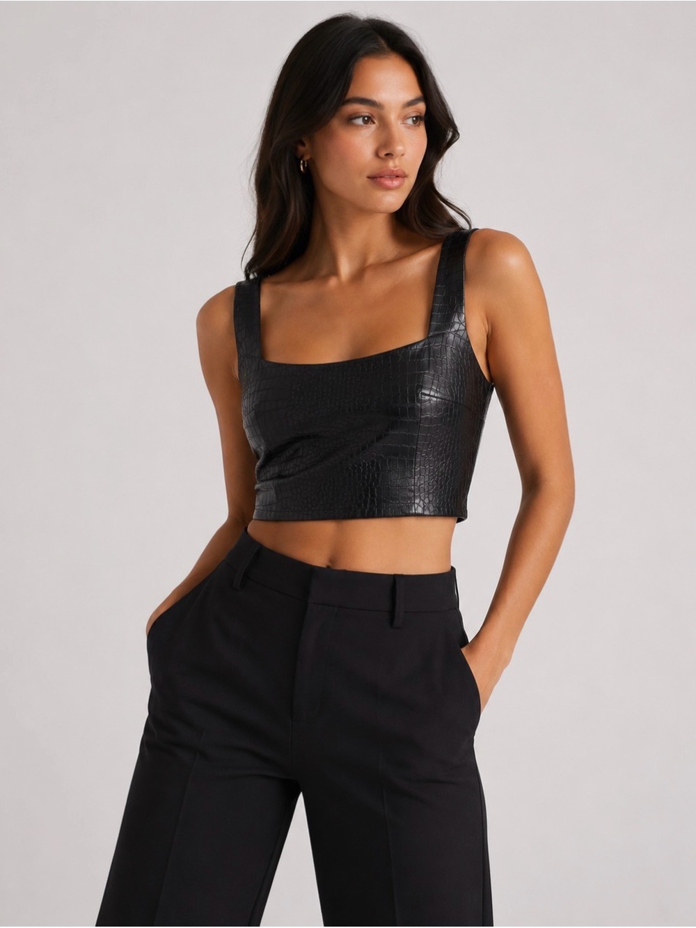 NWT Express Black Crocodile Print Faux Leather Crop Top